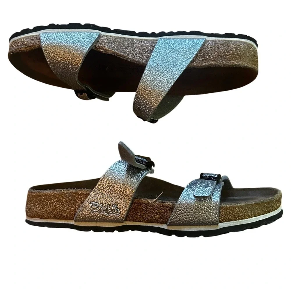 Birkis by Birkenstock Sydney Metallic Silver Buckle Slide‎ Sandals EU 39 US 8
